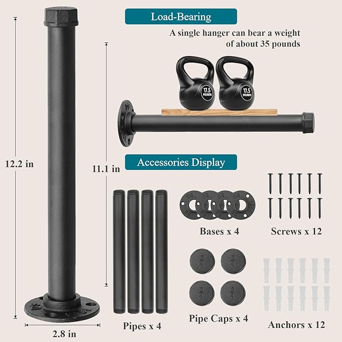 Cast Iron Wall Mounted Clothes Rack, Heavy Duty Industrial Pipe Clothing Rack for Hanging Clothes, Garment Racks for Wardrobe Organizers and Storage, DIY Closet Rods Closet Bar (Black 4 Pack, 12 in)-NeatNest