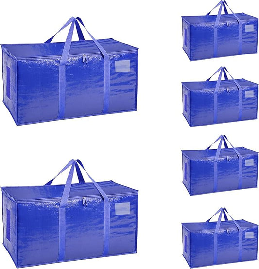 Extra Large Heavy Duty Moving Bags - Waterproof Storage Totes with Reinforced Handles & Zippers, Foldable for College Dorm Essentials, Clothes Storage & Travel (6-Pack Blue)