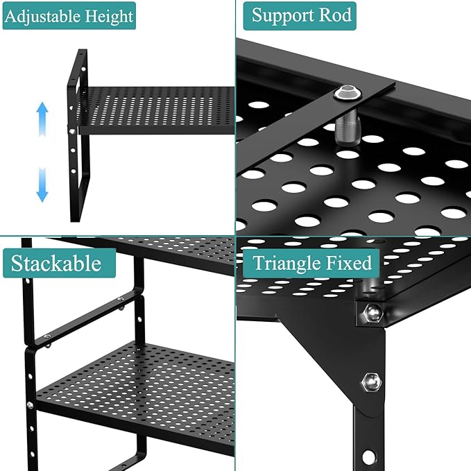Expandable Kitchen Cabinet Shelf Organizer, Stackable Metal Pantry Storage Shelves, Adjustable Counter Shelf Organizer Rack for Kitchen Cabinets, Cupboard, Countertop, Closet, Black-NeatNest