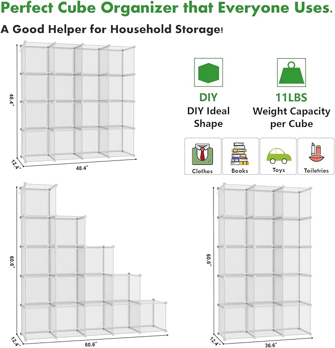 C&AHOME Cube Storage Organizer, 16-Cube Shelves Units, Plastic Storage Cubes, DIY Closet Organizer, Modular Closet Storage Shelf Ideal for Home, 48.4" L × 12.4" W × 48.4" H Transparent Twill UPCS16T