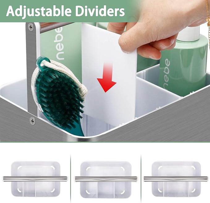 Plastic Shower Caddy Basket - Portable Large Bath Storage Organizer Bin Tote with Handle and divider for College Dorm,Cabinet,Bathroom Counter, Brushed Nickel White