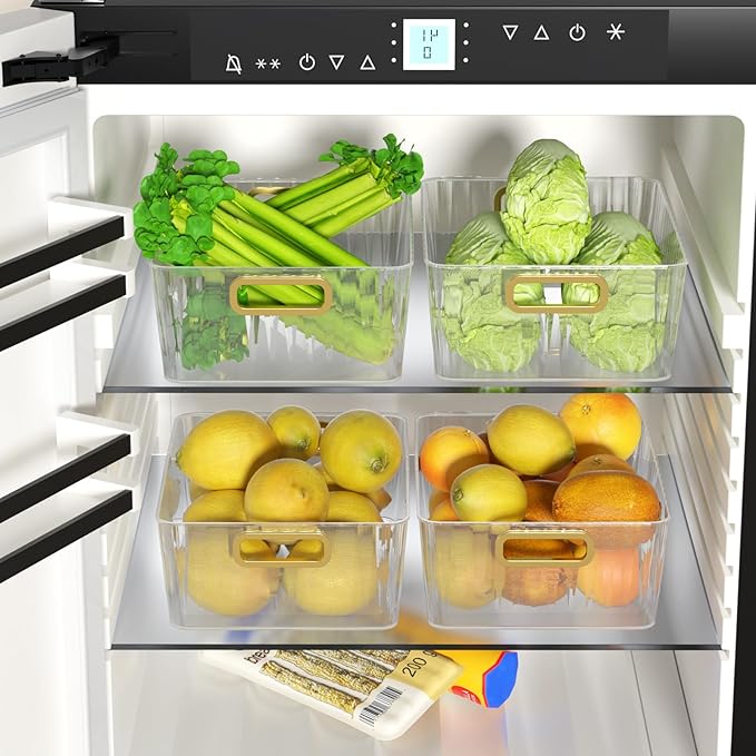 4-Pack Clear Fridge Storage Bins, Plastic Kitchen Pantry Storage Bins, 11.3" × 8.5" × 4.3"