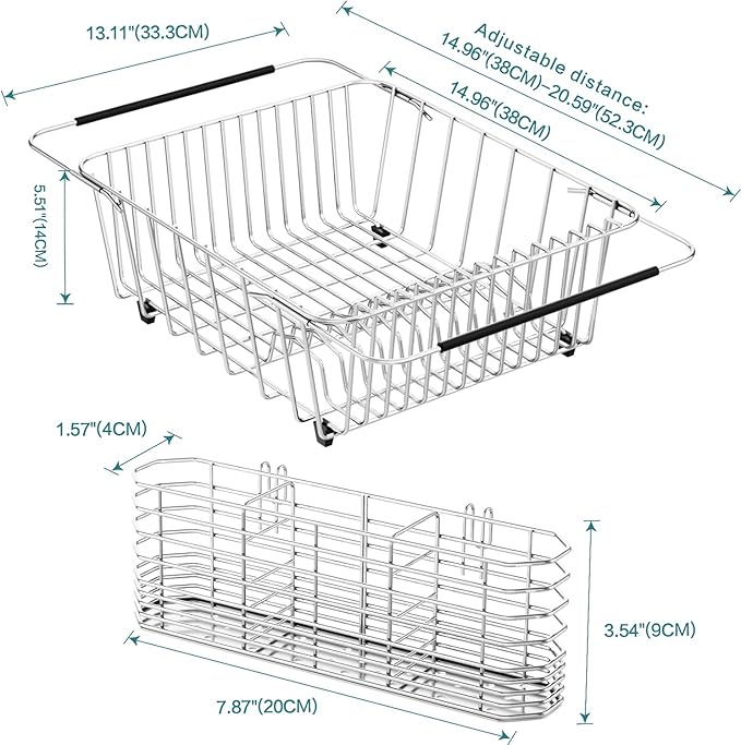 Large Dish Drying Rack in Sink Expandable, Adjustable304 Stainless Steel Metal Dish DrainerRack Organizer with Stainless Steel Utensil Holder Over Inside Sink Counter, Rustproof