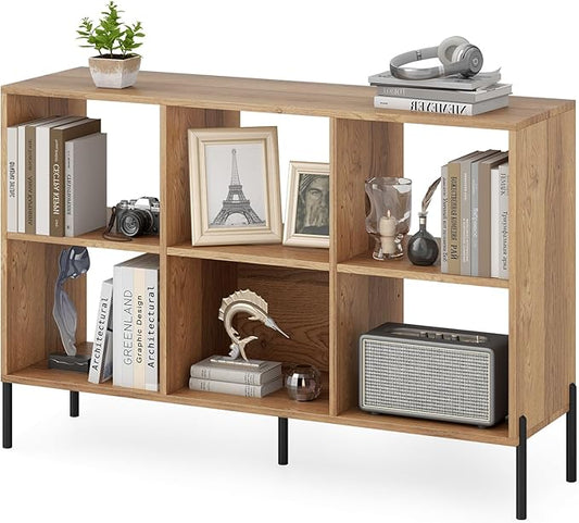 6 Cube Bookcase, Wood Storage Organizer with 5 Metal Legs, Bookshelf with Storage, Cubical Storage Shelf, Wooden Book Shelf, Display Shelves for Bedroom, Living Room, Entryway (Natural)