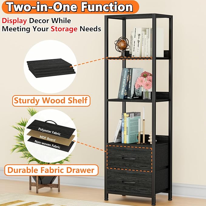 Furnulem 4-Tier Corner Shelf, Bookshelf with 2 Storage Drawers, 57.28”Tall Narrow Bookcase, Standing Shelf Organizer Unit for Living Room, Bedroom, Metal Frame, Wood Display Shelf