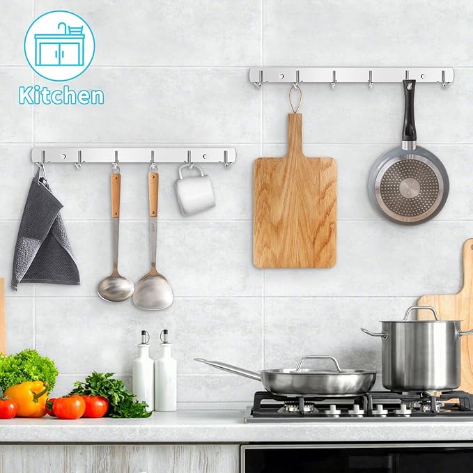 Coat Rack Wall Mount, (2-Pack) 6 Hooks for Hanging, Stainless Steel Wall Hooks-NeatNest