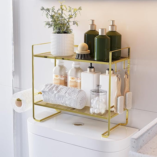 2-Tier Over Toilet Storage Rack, Gold Metal Bathroom Organizer Shelf, Toilet Tank Topper with Side Hooks (Gold, 2L)-NeatNest