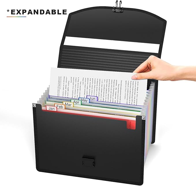 Accordion File Organizer with Handle,13 Pockets Expanding File Folder for Paper/Document/Bill,Portable Filing Box,Visible Window,Quick Search,Expandable Bottom,Large Capacity,A4/Letter Size