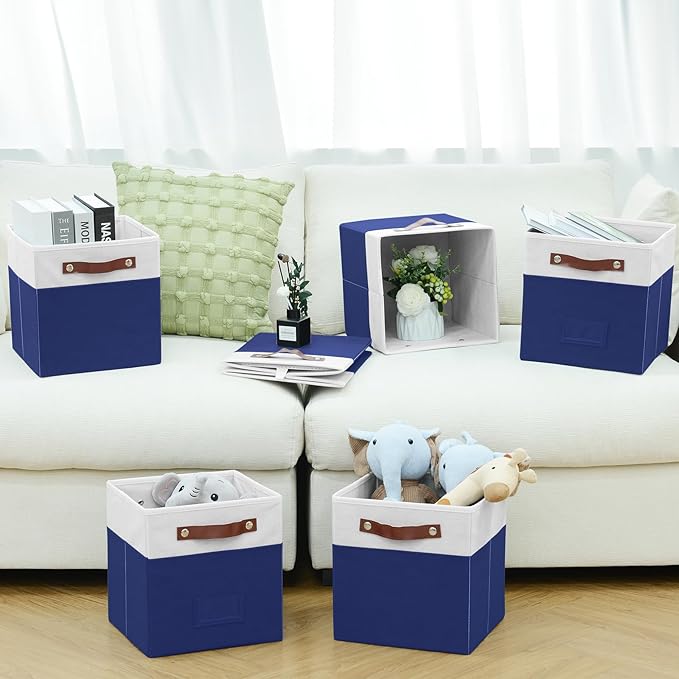 6-Pack Collapsible Fabric Storage Cubes with Handles & Label Holders, Closet Cube Home Organizer Bins (White/Navy Blue, 10.5 * 10.5 * 11 inch)