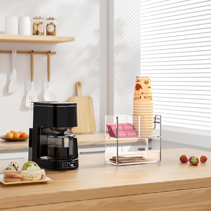 Coffee Condiment and Cup Organizer - 2-Tier Upright Cup and Lid Holder with Straw Organizer 3 Compartments Clear Acrylic Cup Dispenser for Restaurant Breakroom Coffee Station Countertop-NeatNest