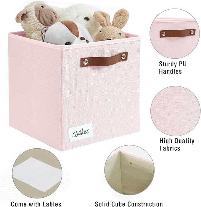 Collapsible Fabric Storage Cube Bins with 2 Reinforced PU Handles, Foldable Storage Organizer Baskets for Closet, Shelves, Living Room | 11"x11"x11", 4 Pack, Full Pink-NeatNest