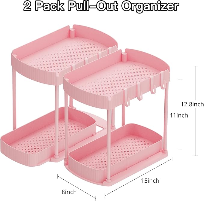 2 Pack Multi-Purpose Pull-Out Storage Organizers, Under Sink & Cabinet Organizers, 12.8 Inch Pink-NeatNest