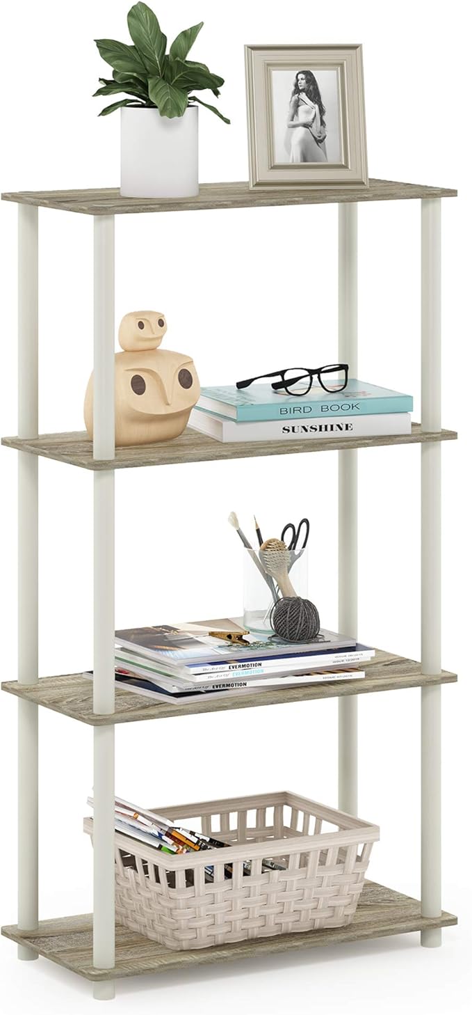 Furinno Turn-N-Tube 4-Tier Multipurpose Shelf Display Rack, Round Tubes, Sonoma Oak/White-NeatNest