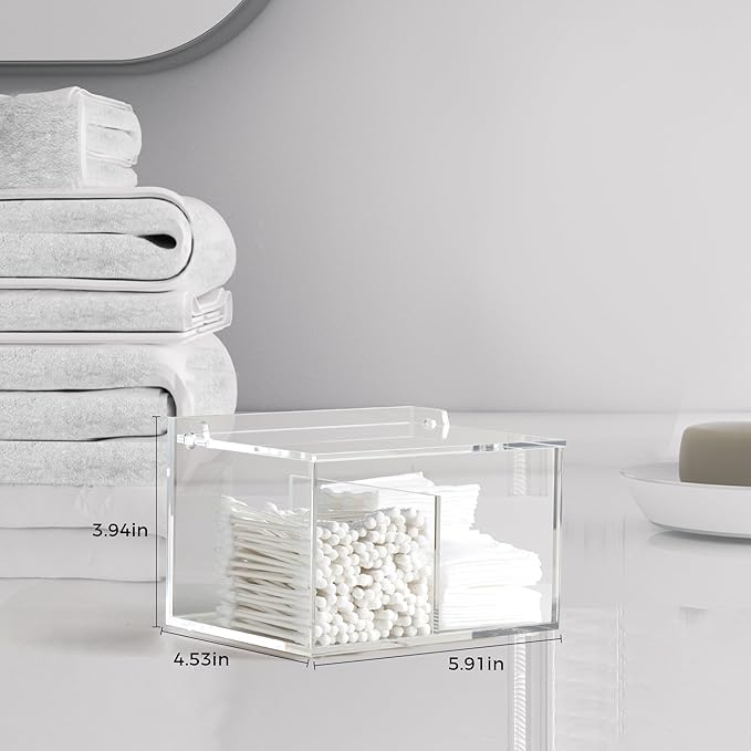 Clear Acrylic Cotton Swab Ball Holder Qtip Organizer with Lid 2-Grid Canister for Make Up Pads, Floss Picks, Vanity Storage,Bath Salts, Cosmetics, Home Bathroom Decor (DP004)-NeatNest