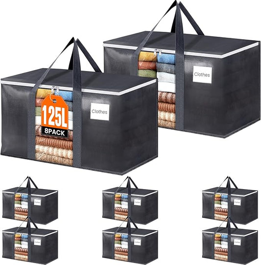 HomeHacks 8 Pack Extra Large Moving Bags with Visual PVC Window & Zippers, Storage Totes with Reinforced Handles, Heavy Duty Storage Bags for Packing, Moving, Storage (125L,Grey)