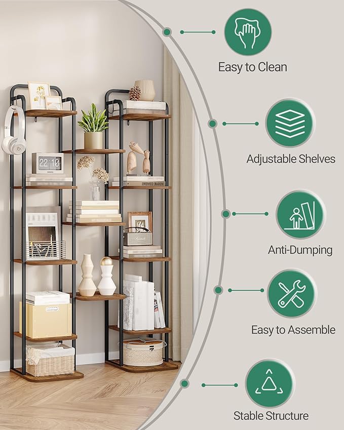 8 Tiers Vertical Shoe Rack, Narrow Shoe Tower, Tall Shoes Shelf with 2 Hooks, Adjustable Shelves, Corner Shoes Shelves for Small Spaces, Entryway, Living Room, Rustic Brown SR04301B-NeatNest