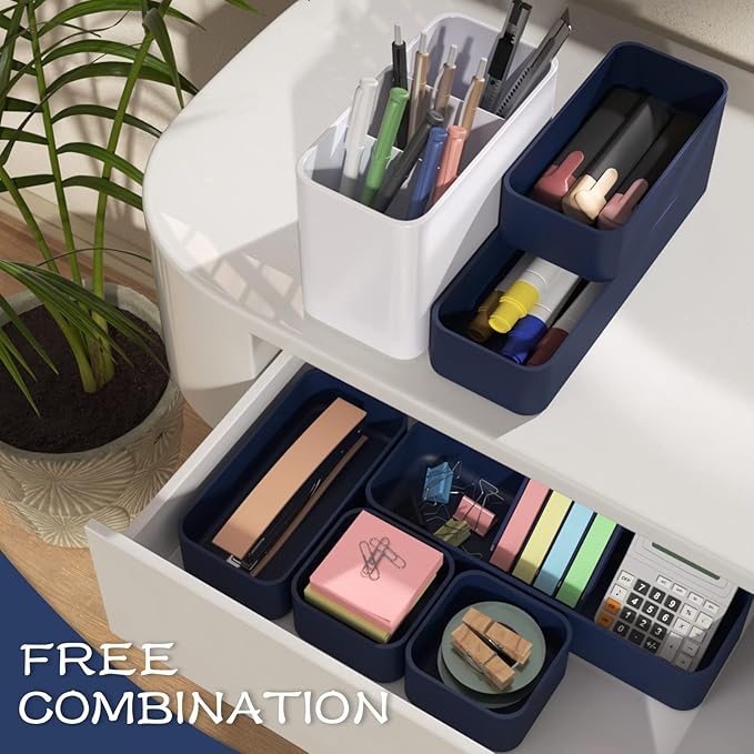 CHANCETSUI 6 PCS Stackable Drawer Organizers Set, Versatile Desk and Vanity Drawer Organizer Trays, Storage Bins for Makeup, Bathroom, Bedroom, Kitchen and Office, Blue-NeatNest