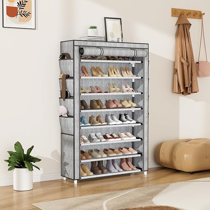 Shoe Rack with Cover, 8 Tier Tall Shoe Organizer Storage for 36-45 Pair Shoes and Boots Large Shoe Storage Shelf Free Standing Shoe Rack for Closet, Front Door Entrance, Dorm, Garage, Printing-NeatNest