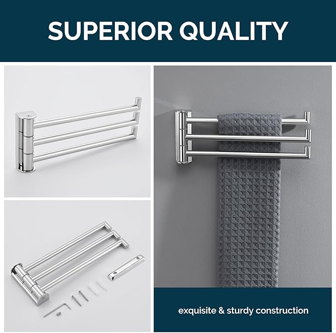 Angle Simple Swivel Hand Towel Rack 3 Bars Polished Chrome, 304 Stainless Steel Bathroom Towel Holder Wall Mount