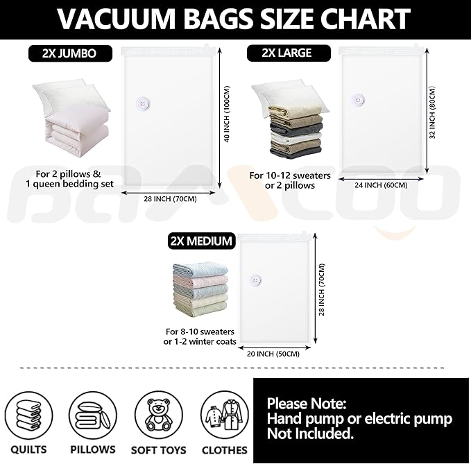 Space Saver Vacuum Storage Bags Upgraded 6 Pack(2 Jumbo 2 Large 2 Medium) Vaccine Sealed Storage Bags Vacuum Seal Compression Bag for Packing Blankets Comforters-NeatNest