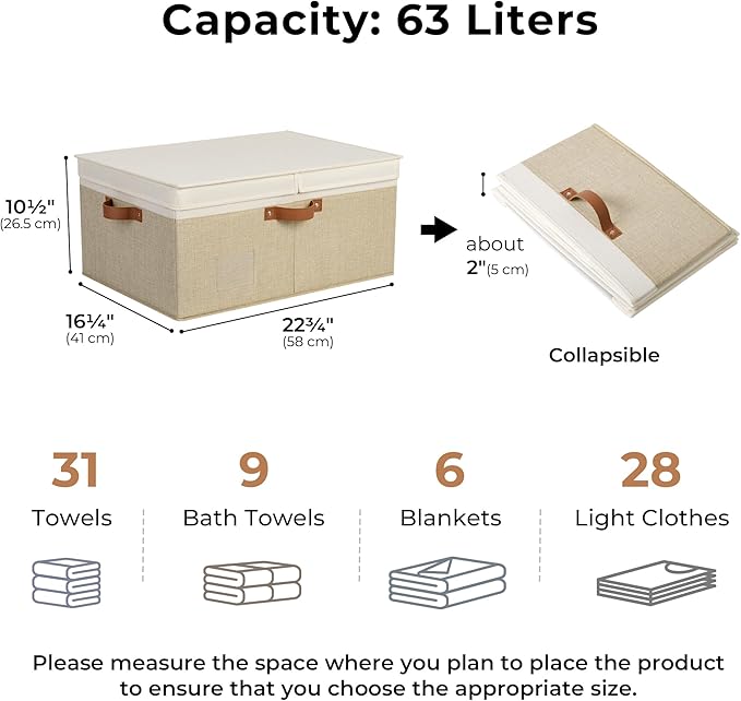 GRANNY SAYS Decorative Storage Boxes with Lid, Large Storage Bins with Double-Open Lid and Divider, Fabric Storage Bin for Clothes, 63L Closet Linen Storage Bin, White/Khaki-NeatNest
