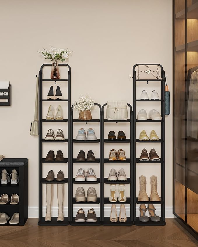 Vertical Shoe Rack, Shoe Shelves, Wood Shoe Organizer for Closet, Entryway, Shoe Tower for Small Spaces, Free Standing, Adjustable, with 2 Hooks, 6 Tier Black SR04204B-NeatNest