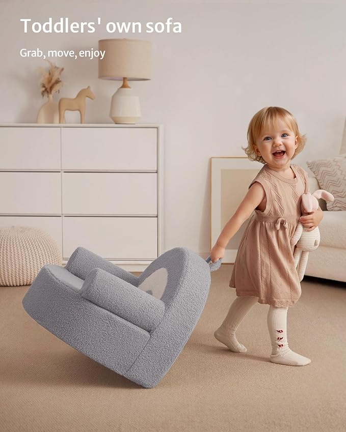 Blissful Diary Toddler Chair Comfy, Foam Kids Chair with Soft Teddy Plush, Toddler Reading Armchair for 1 2 3+ Year Old Girls Boys Baby Birthday Gift, Light Gray Arclet-NeatNest