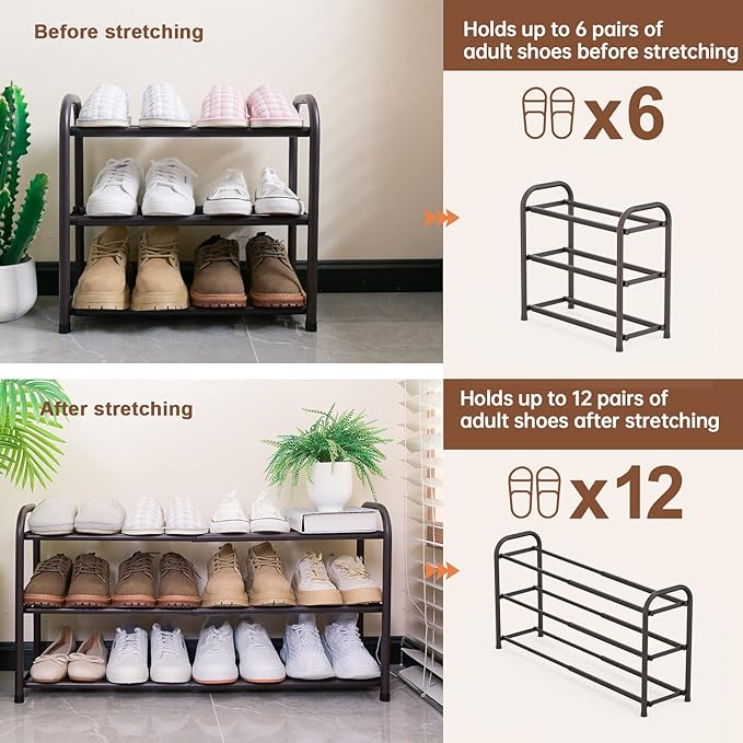 Gonfoam 3-Tier Expandable Shoe Rack,Adjustable Shoe Shelf Storage Organizer Heavy Duty Metal Free Standing Shoe Rack for Entryway Closet Doorway (Bronze)-NeatNest