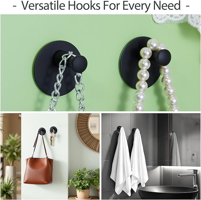 2 Packs Matte Black Adhesive Towel Hooks, Heavy Duty Wall Hooks 304 Stainless Steel Waterproof Sticky Towel Holder Shower Hook for Bathroom Kitchen Hanging Hat Robe Coat Bags