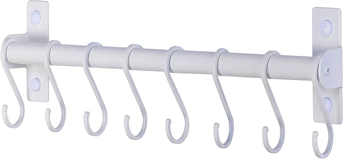 Dseap Kitchen Utensil Holder Hanger, Pot and Pan Rack Wall Mounted, Kitchen Rail with 8 Hooks for Hanging Cooking Utensils, Mugs, Spoons, Wall Mounted, White-NeatNest