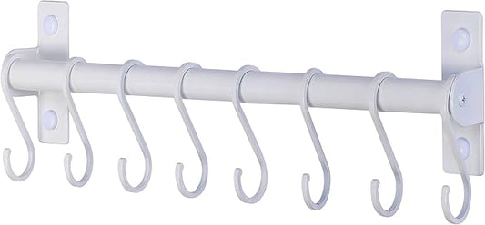 Dseap Kitchen Utensil Holder Hanger, Pot and Pan Rack Wall Mounted, Kitchen Rail with 8 Hooks for Hanging Cooking Utensils, Mugs, Spoons, Wall Mounted, White-NeatNest