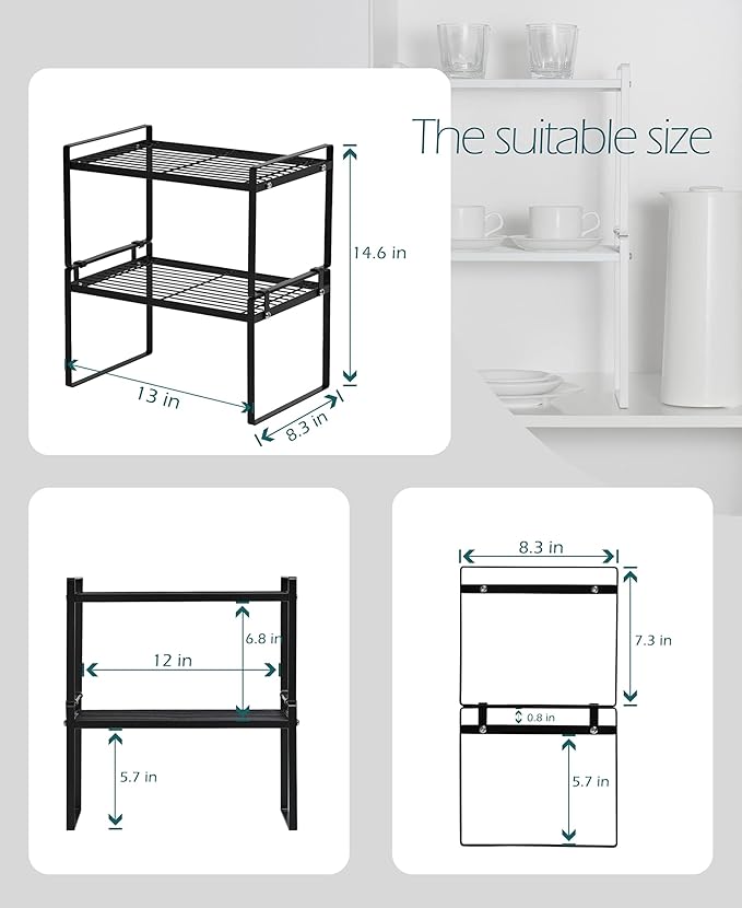 2 Pack Kitchen Cabinet Shelf Counter Organizer Rack Pantry Storage Bathroom Bedroom Office Table Desk Space Saving Steel Frame Stackable Rust Resistant Non Slip Black-NeatNest
