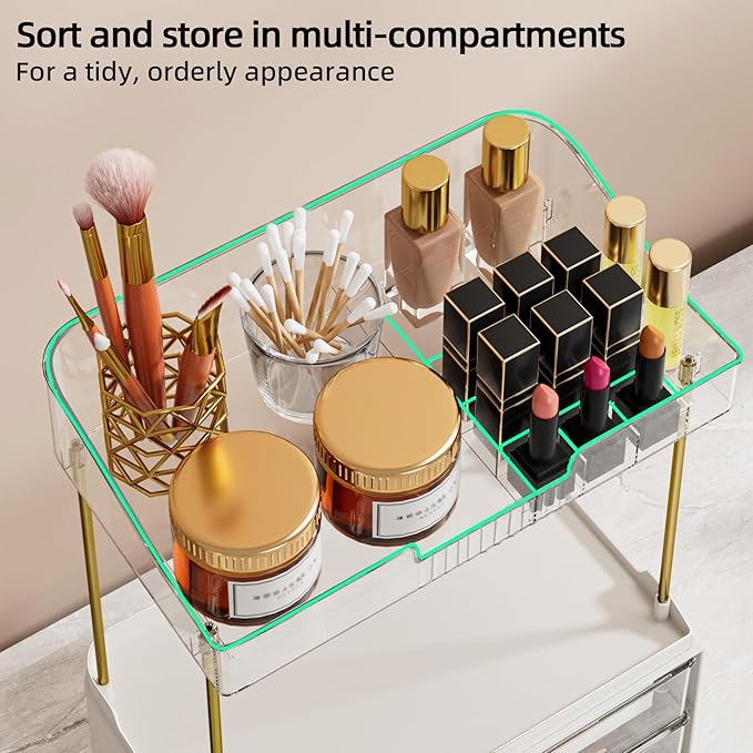 4-Tier 2-Drawer Bathroom Organizer Counter Organization, Multi-Purpose Makeup Skincare Organizers with Compartment, Easy to Install, Exquisit Vanity Shelves, Clear