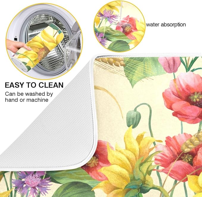 Fall Dish Drying Mat Microfiber Dish Drying Pads Kitchen Counter Draining Pad Sunflower Cornflower Poppy 16 x 18 Inches