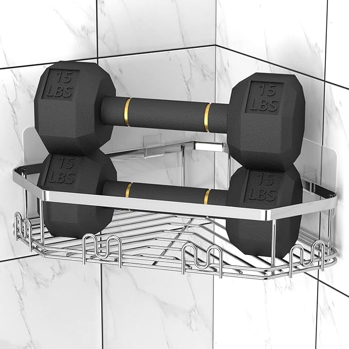 STEUGO Corner Shower Caddy, 3 Pack Adhesive Shower Corner Organizer Shelves, No Drilling Stainless Steel Shower Storage Rack with 12 Hooks for Bathroom, Dorm and Kitchen(Silver).