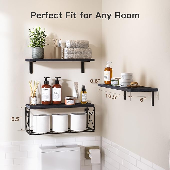 Amada Bathroom Shelves Over Toilet with Storage Basket, Floating Wall Shelves for Home Organization & Wall Decor, Bathroom/Kitchen/Living Room ShelvesBlack-NeatNest