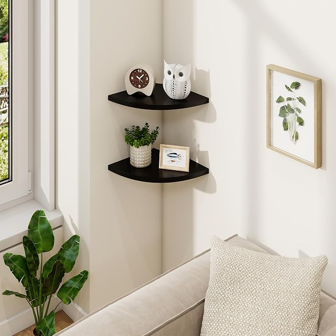 Fun Memories Corner Shelf Wall Mount Set of 2 - Solid Oak Wood Floating Corner Shelf with Cable Hole, 8.5in Rustic Design for Bedroom, Living Room, Kitchen (Black)-NeatNest