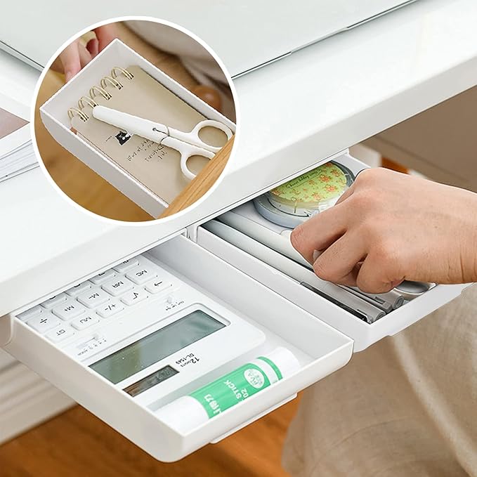 2 Packs Under Desk Drawers, Slide Out Drawer Attachment, Plastic Desk Accessories & Workspace Organizers, Self-Adhesive Hidden Desktop Pen Holder for Office School Home (White)-NeatNest