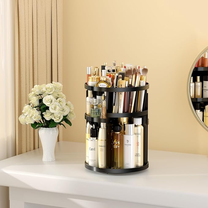 Makeup Organizer 360 rotating, Adjustable Skincare Organizers with Brush Holder, Cosmetics Display Cases for Vanity Bathroom Countertop Large Capacity Carousel Make up Caddy Shelf (Black)-NeatNest