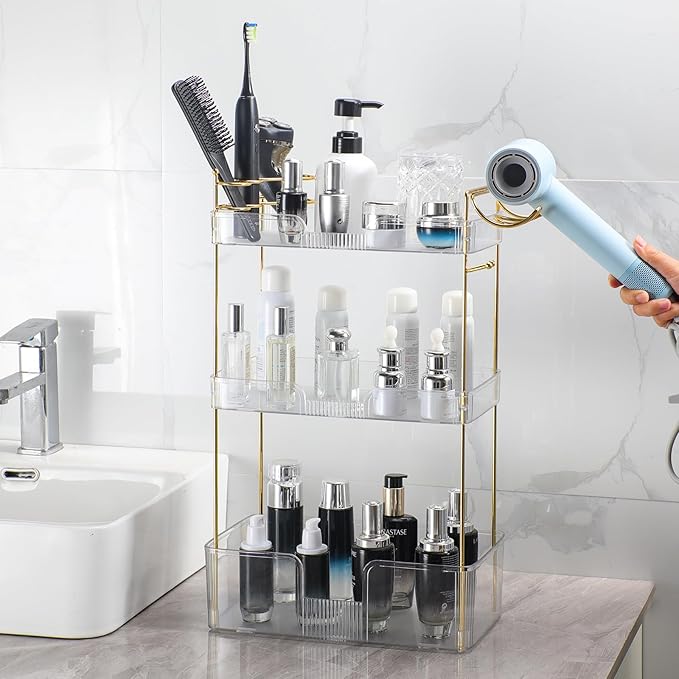 3 Tier Bathroom Organizer Countertop Makeup Perfume Tray Skincare Organizer Comes with Hair Dryer Rack and Toothbrush Holder for Bathroom Dresser Vanity (White)-NeatNest