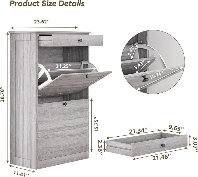 Shoe Storage Cabinet with 2 Flip Drawers, Narrow Freestanding Hidden Shoe Rack Cabinet, Pet-Proof Shoe Organizer for Closet, Entryway, Hallway, Wash Grey-NeatNest