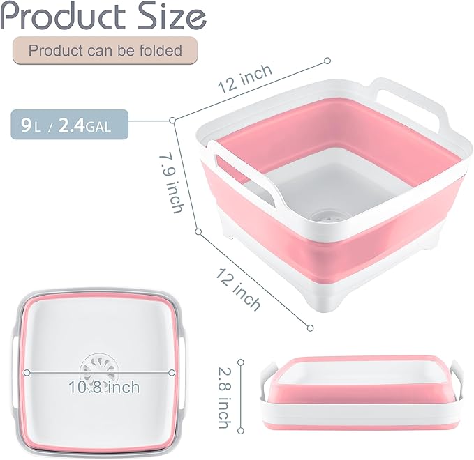 2.4 Gal(9L) Collapsible Dish Basin with Drain Plug, Space Saving Outdoor Multiuse Foldable Sink Tub, Dishpan, Kitchen Storage Tray for Camping, Vegetable Washing, RV (Pink)-NeatNest