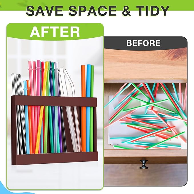 Acrylic Straw Holder for Cabinet Door with Double Sided Adhesive Tape Reusable Straw Organizer Tumbler Storage Kitchen Accessories Container for Counter Cupboard(Classic,Large,Brown)