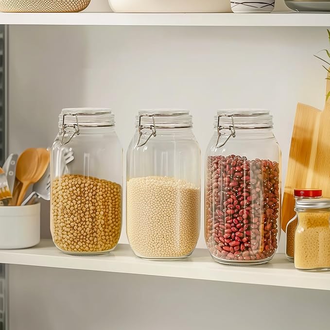 ComSaf Large Glass Jars with Lid 64 oz, Large Mason Jars Set of 3, Glass Canisters with Airtight Lids, Half Gallon Canning Jar with Seal Wire Clip Fastening for Kitchen, Pickle, Flour, Sugar, Cereal-NeatNest