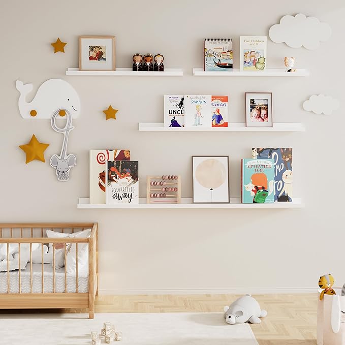Fun Memories Picture Ledge Shelf, 24 Inch Floating Shelves Set of 2, Nursery Book Shelves for Toys Storage, Kids Bookshelf Wall Mounted for Wall Decor Books Photo Frames, White-NeatNest