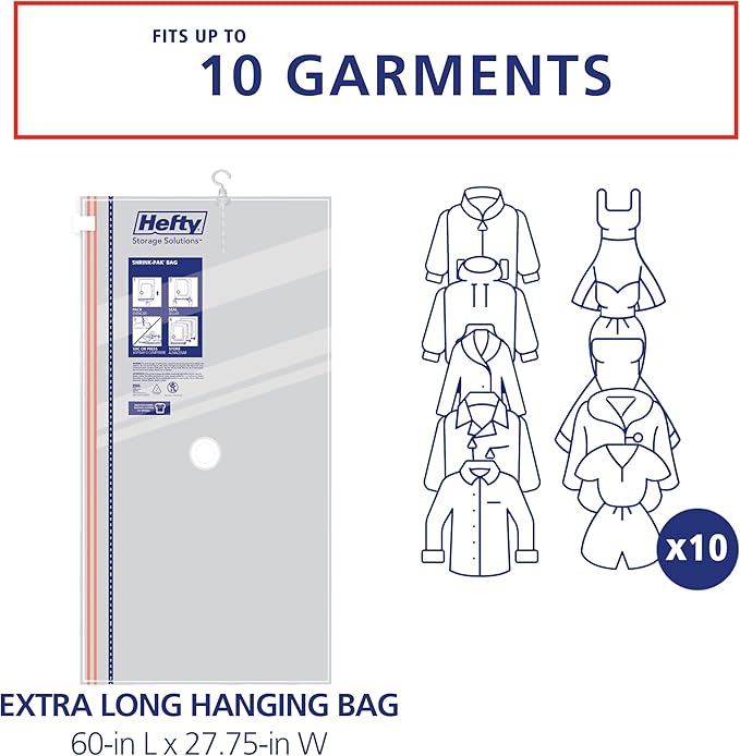 Hefty Shrink-Pak Hanging Vacuum Storage Bags – For Clothes, Pillows, Towels, Blankets & More – Space Saver Vacuum Suction Sealer for Home or Travel – 3 Extra Long Hanging, 60 x 27 Inches