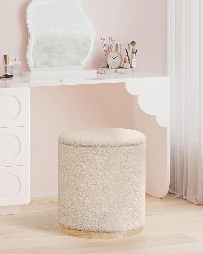 B FSOBEIIALEO Storage Ottoman Round Boucle Ottomans with Tray, Set of 2 Teddy Foot Rest Ottoman Cube with Storage for Living Room , Apricot 15"x15"x16.9"