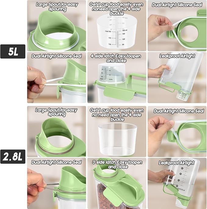 8-12 LBS Cat Dog Pet Food Storage Container, Plastic Dispenser Upgraded Large Nozzle, BPA-free, With Sealed Clasps, Measuring Cup and Handle, Easy to Clean and Carry -2 Packs Leaf Green-NeatNest
