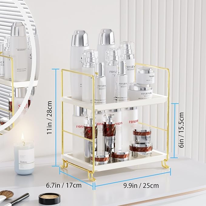 FSyueyun 2-Tier Bathroom Countertop Organizer, Tool-Less Installation Premium Plastics Makeup Shelf Organizer Perfume Skincare for Dresser Vanity Tray Organizers and Storage (Gold)-NeatNest