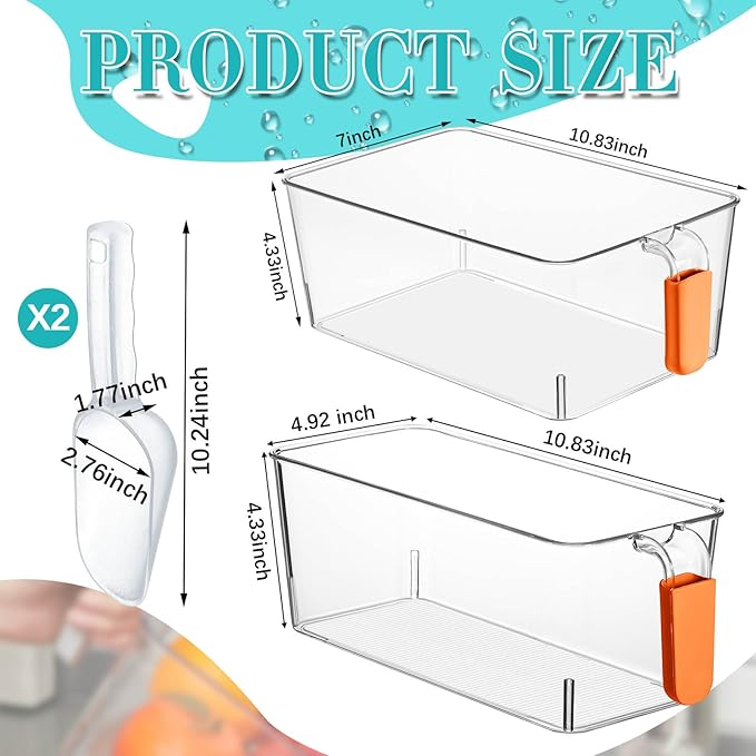 Havawish 2 Set Ice Bin and Flexible Scoop Set Plastic Freezer Ice Bin with Pull out Handle Clear Storage Bucket for Container with Bucket Scoop(Orange,10.83 x 7 x 4.33 in,10.83 x 4.92 x 4.33 in)
